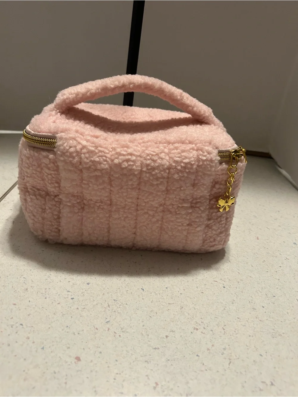 Pink Sherpa Cosmetic Train Case with Top Handle and Cosmetics